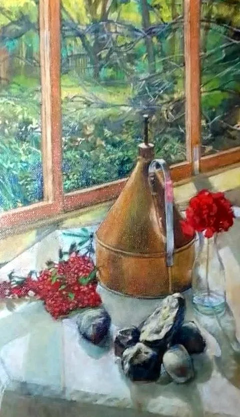 A copper vessel beside a geranium, oil on board.