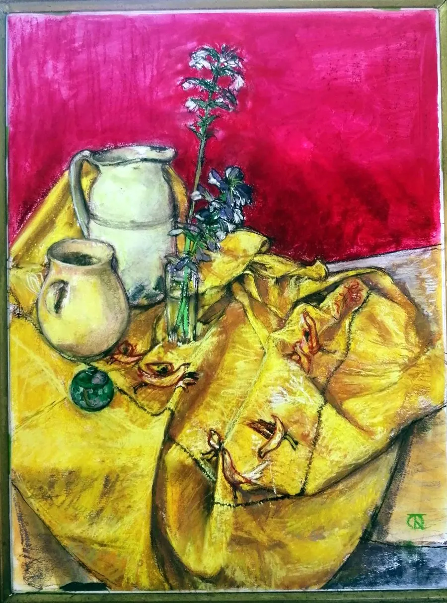 Two jugs on a yellow cloth, still life in soft pastel.