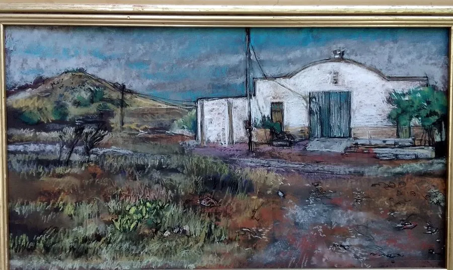 Farm werf at Philippolis in warm afternoon light, soft pastel.