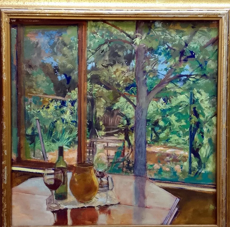 A studio window opening onto a summer garden, oil on canvas.
