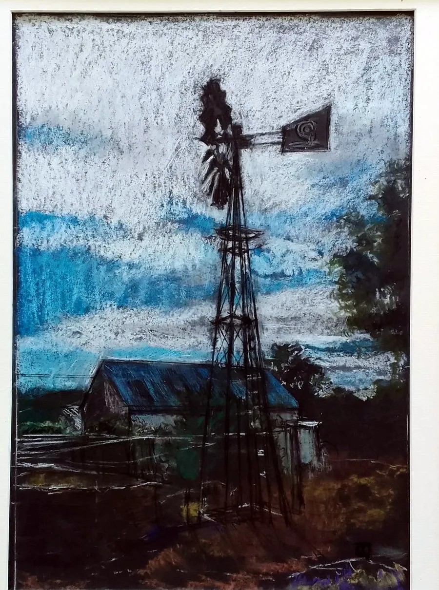 A windpump silhouetted against a dusk sky, soft pastel.