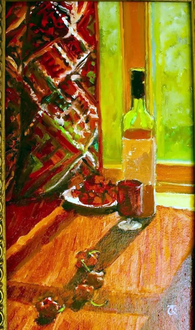 A wine bottle and glass on a red cloth, oil on board.